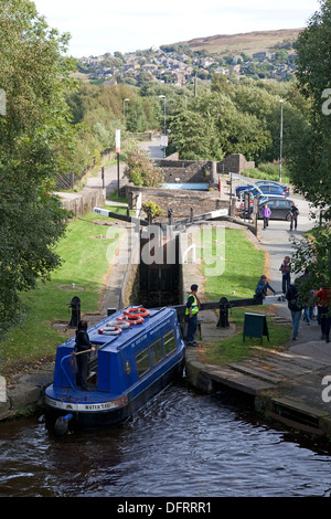 Marsden shuttle boat at Marsden lock on the Huddersfield Narrow Canal, Marsden, West Yorkshire Stock Photo