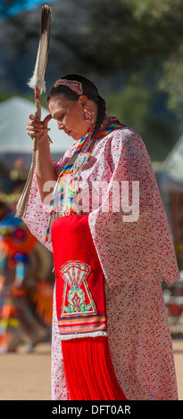 Chumash native American woman dancing the shawl dance, at the 2013 Inter Tribal Pow Wow, Live Oak, Santa Ynez Valley, California Stock Photo