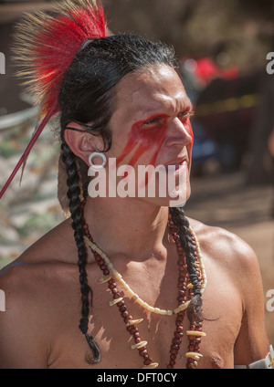 Chumash native American man with full regalia dance at the 2013 Inter Tribal Pow Wow, Live Oak, Santa Ynez Valley, California Stock Photo