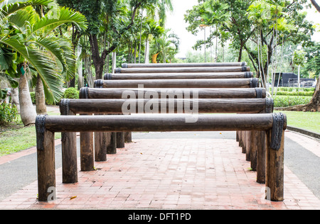 Wooden stairs for exercise in garden Stock Photo