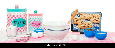 Baking with Tablet Computer Stock Photo
