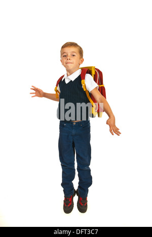 Happy schoolboy jumping isolated on white background Stock Photo - Alamy