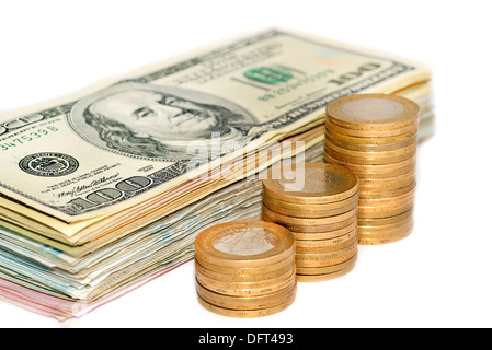 american dollars and coins on the isolated background Stock Photo