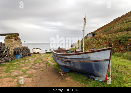 Fishing boats at Penberth Cove in Cornwall, a quiet unspoilt traditional fishing village on te Lands End Peninsular Stock Photo