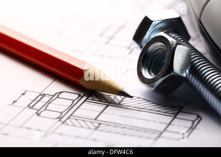 Drafting, mouse and screw bolt with nut Stock Photo