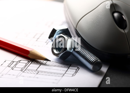 Drafting, mouse and screw bolt with nut Stock Photo