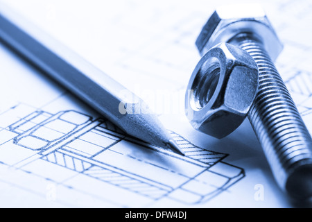 Drafting, screw bolt with nut Stock Photo