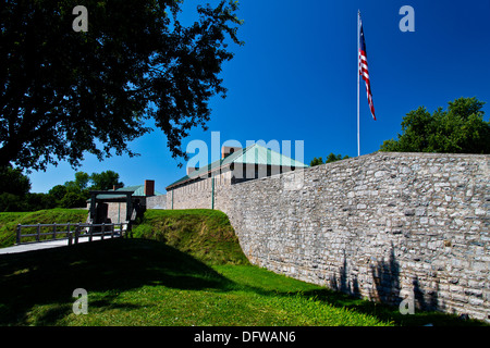 Fort Erie Ontario Canada Fort Erie front gate and wall with American flag on flagpole Stock Photo