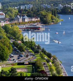 On the right bank of the Allier Lake, an aerial view of the 'la Rotonde' restaurant, the marina and the esplanade (Vichy France) Stock Photo