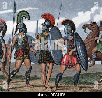 A Greek soldier on foot, a hoplite, attacks a mounted warrior with ...