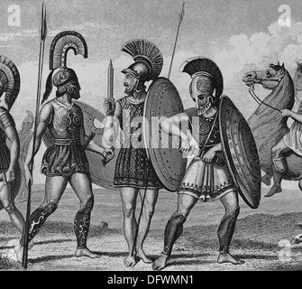 Ancient Age. Grecian warriors on foot. Colored engraving. 19th century ...