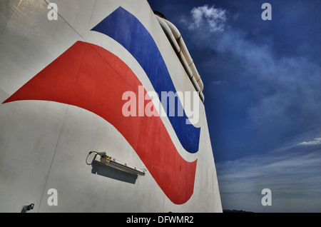 Brittany Ferries logo on the funnel of the Amorique Stock Photo