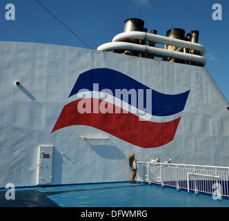 Brittany Ferries logo on the funnel of the Amorique Stock Photo