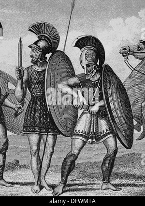 Illustration of ancient Greek warriors on horses with helmets, armor ...