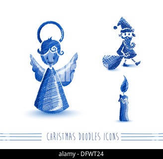 Merry Christmas blue hand drawn Santa Claus and angel elements set. EPS10 vector file organized in layers for easy editing. Stock Photo