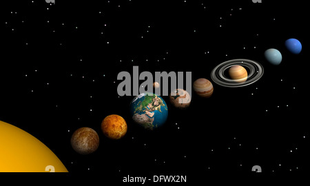 All planets of the solar system; Mercury, Venus, Earth, Mars, Jupiter, Saturn Uranus, and Neptune. Stock Photo