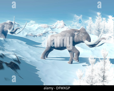 Two large mammoths walking slowly on the snowy mountain against the wind. Stock Photo