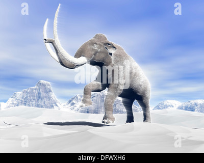 Large mammoth walking slowly on the snowy mountain against the wind. Stock Photo