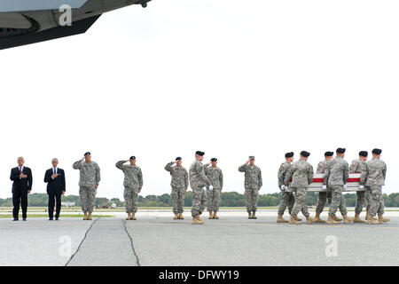 US Secretary of Defense Chuck Hagel, left, stands his hand over his heart with Secretary of the Army John McHugh and Army Chief General Ray Odierno and other military leaders as white-gloved soldiers carried the flag-draped case carrying the remains of Army Pfc. Cody from a C-17 cargo plane at Dover Air Force Base October 9, 2013 in Dover, DE.  Hagel announced that the Fisher House Foundation will provide the families of the fallen with the soldiers death benefits which cannot be paid by the Pentagon due to the government shutdown. Stock Photo