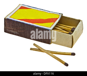 vintage matches in the opened box isolated over white background, clipping path Stock Photo