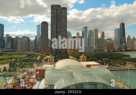 Aerial view of Navy Pier in Chicago, Illinois, with the city skyline in the background Stock Photo