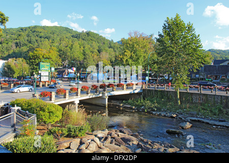 Bridge over the Little Pigeon River in downtown Gatlinburg, Tennessee Stock Photo