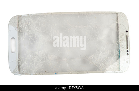 Broken phone glass. White isolated studio shot Stock Photo