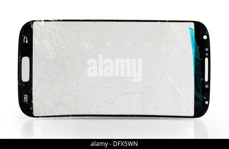 Broken phone glass. White isolated studio shot Stock Photo