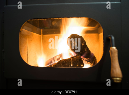 Wood stove and wood burning inside Stock Photo