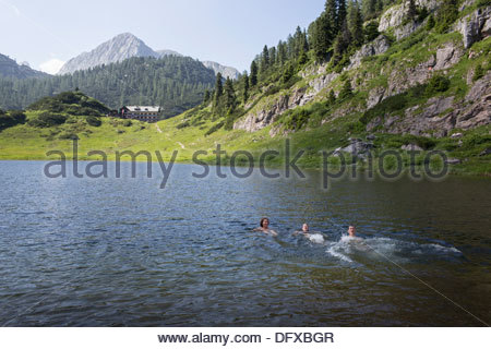 Tourist Swimming In A Lake Funtensee Berchtesgaden National Park