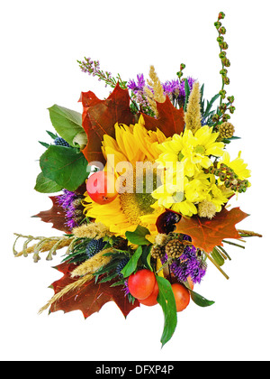 Bouquet of sunflowers and gerbera flowers isolated on white background. Closeup. Stock Photo