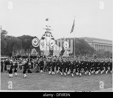 Photograph of troops marching at ceremonies honoring Admiral Chester Nimitz. 199219 Stock Photo