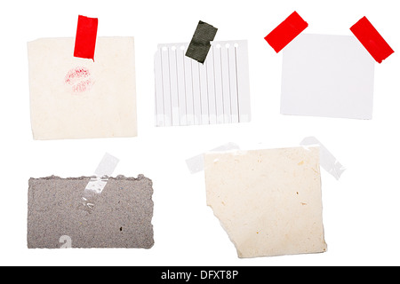 collection of various vintage note papers on white background. Stock Photo