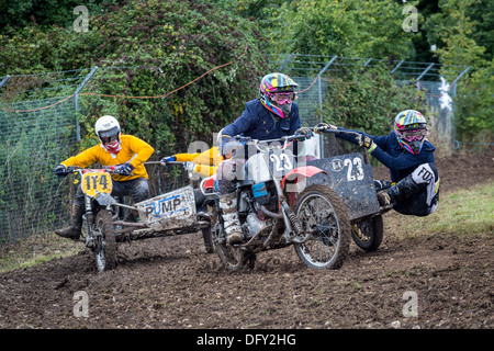 Moto-X bikes and sidecars racing at the 2013 Goodwood Revival meeting, Sussex, UK. Stock Photo