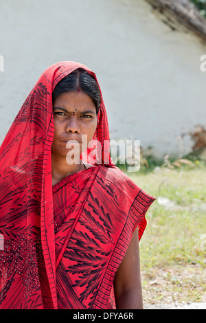 South Indian teenage girl in a red sari. Andhra Pradesh, India Stock Photo