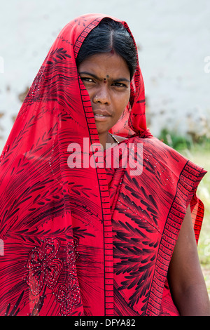 South Indian teenage girl in a red sari. Andhra Pradesh, India Stock Photo