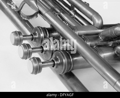 The valves and tubes of a vintage brass trumpet Stock Photo
