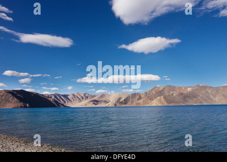 Pangong Tso meaning Pangong lake is a high altitude endorheic lake in the himalayas. Lake extends from Ladakh, India to Tibet Stock Photo