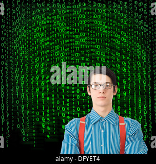 Nerd geek businessman, student or teacher with binary on blackboard background Stock Photo
