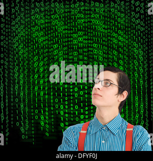 Nerd geek businessman, student or teacher with binary on blackboard background Stock Photo