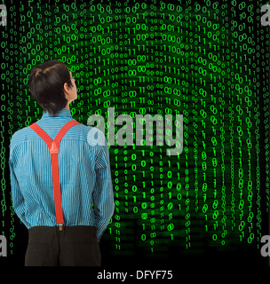 Nerd geek businessman, student or teacher with binary on blackboard background Stock Photo