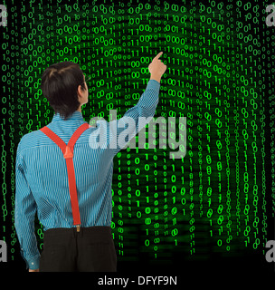Nerd geek businessman, student or teacher with binary on blackboard background Stock Photo