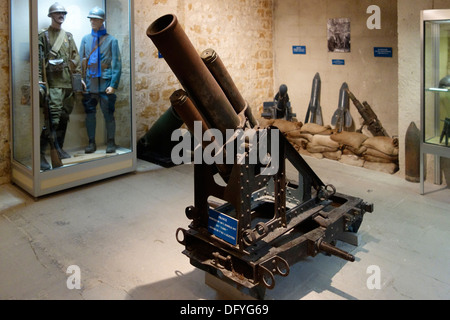 French First World War One Fabry Trench Mortar at WW1 Fort de la Pompelle / Fort Herbillon, Battle of the Marne, Reims, France Stock Photo