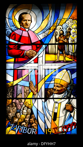 Maribor, Stajerska, Slovenia. Cathedral (Stolna cerkev )Stained glass window - Bishop Anton Martin Slomsek and the Pope Stock Photo