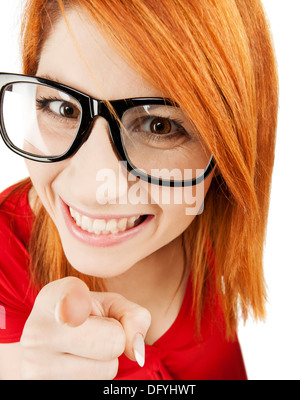 woman in glasses pointing finger Stock Photo