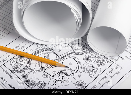 Rolls of drawings with elements of landscape design Stock Photo