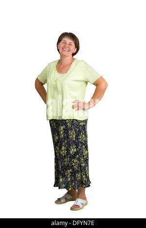 A smiling woman at the age of a white background Stock Photo