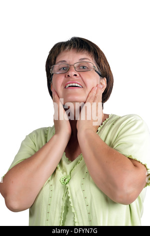 A woman in middle age with glasses isolated on white background Stock Photo