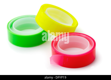 Three bright adhesive tape rolls isolated on white Stock Photo