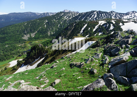 France, Ariege - D25 route, pass Col de Paillères or Pailheres, from east to Ax-les-Thermes. The summit with snow in June. Stock Photo